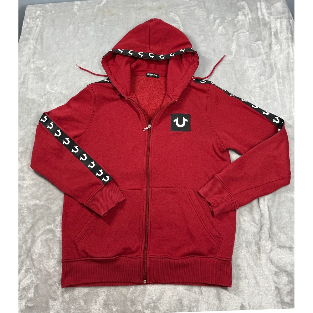True Religion Mens Med. Red Logo Tape Zip Up Hoodie Horseshoe Patch Sweatshirt